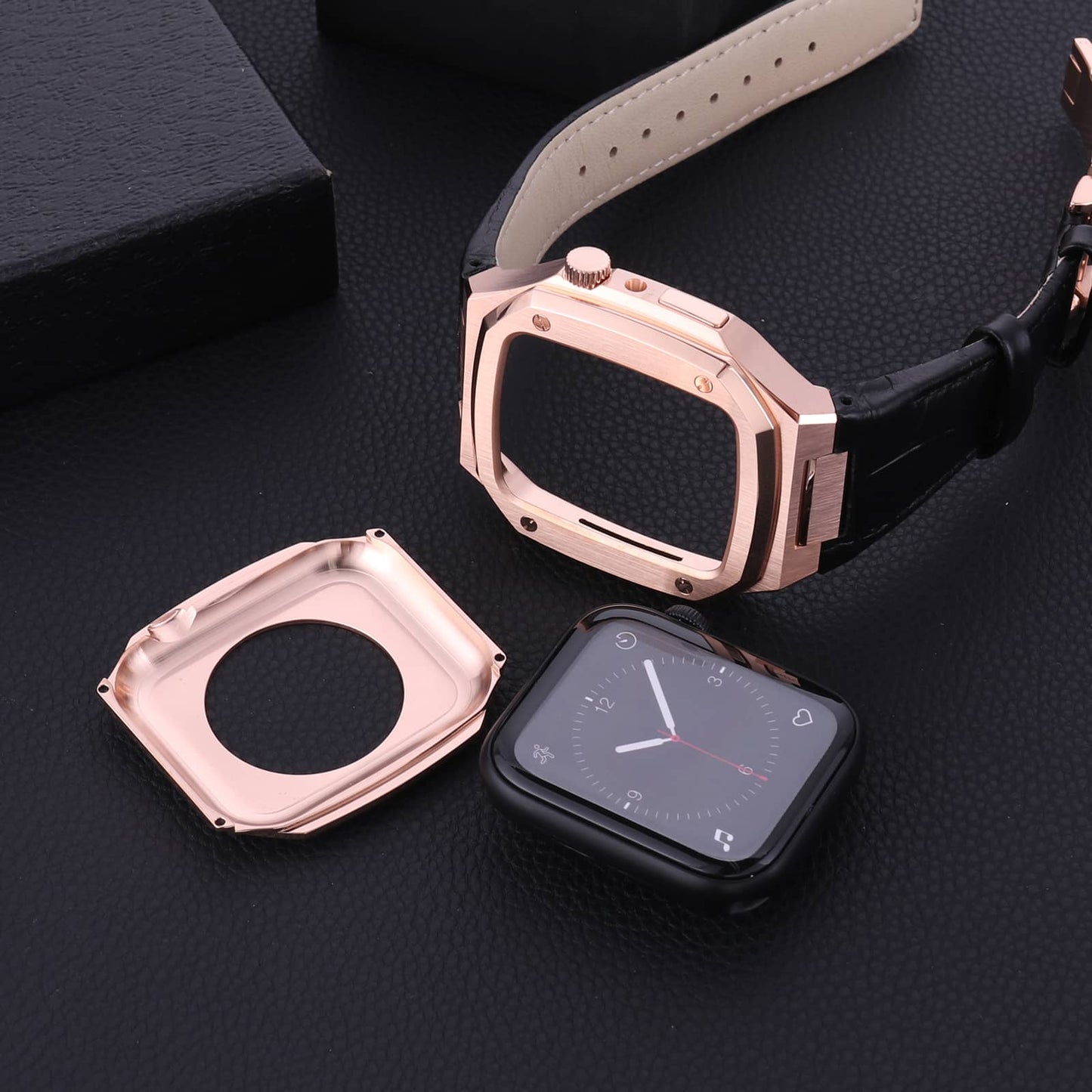 Rose Gold Leather Classic Apple Watch Case - Bigett - Apple Watch Case#material_black-leather